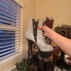 Pleaser Silver Glitter Lace-Up Heeled Boots